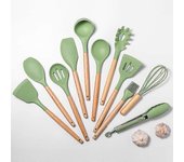 Juego de utensilios de cocina de silicona 11pcs Acacia natural Utensilios de cocina de madera Utensilios de cocina de silicona Set Utensilios de co...
