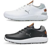Puma Golf Zapatos de golf impermeables de cuero IGNITE ARTICULATE para hombre con clavos suaves Blanco/plata UK 9