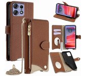 Para Motorola Edge 50 Pro 5G Funda de cuero Cubierta de soporte de billetera Estilo de cola irregular con correa de cadena -  Multicolor Brown