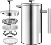 Tsim Cafetera de prensa francesa de acero inoxidable - Cafetera espresso y té con filtros triples - Vidrio resistente al calor con pistón de acero ...