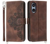 Para funda Sony Xperia 5 V Funda de teléfono de cuero anticaída impresa con correa de mano + correa de hombro Marrón