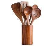 Cucharas de madera para cocinar Utensilios de madera de teca Juego de espátula de madera para utensilios de cocina antiadherentes Juego de utensili...