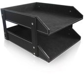 Bandeja organizadora de archivos de documentos A4 Escritorio de doble capa Soporte de papel de cuero PU Soporte de almacenamiento de estante de rev...