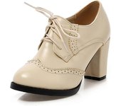Zapatos de tacón grueso para mujer Oxfords Vintage Wingtip Brogues Zapatos de tacón alto con cordones Botines de tacón alto Zapatos de vestir EUR42...