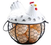 Cesta de huevos, soporte para huevos de gallina de alambre de hierro, canasta de recolección de huevos de mostrador con tapa de cerámica para recol...