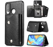 Funda de cuero PU hecha a mano para Huawei P30 Lite con tarjetero, función de billetera, función de pie de apoyo, protección contra caídas Negro