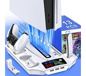 Soporte de PS5 con ventilador de enfriamiento y estación de carga de controlador dual de PS5 para consola Ps5, soporte de enfriamiento de PS5 con s...