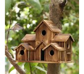 Casitas de madera para pájaros para colgar en el exterior, casa de pájaros naturales hecha a mano de 6 agujeros para patio trasero / patio / decora...