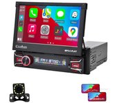 1Din Estéreo de coche inalámbrico CarPlay Android Auto 7 pulgadas Eléctrico abatible Pantalla táctil Radio de coche Bluetooth Cámara de enlace de e...