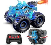 Dinosaurio de juguete de coche de control remoto, camiones monstruo de 2,4 GHz con luz, sonido y spray Azul