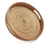 Bandejas otomanas tejidas decorativas de bandeja de ratán redonda con asas para mesa de café natural (Smal