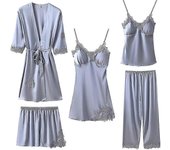 Pijamas de satén de seda para mujer Set 5 piezas de ropa de dormir camisón Cami pantalones cortos Pj conjunto con bata y pantalón Gris Medium