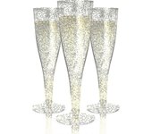 30 flautas de champán de plástico | desechables Copas de champán de plástico Gold Glitter para fiestas | Vasos de plástico transparente Glitter | V...