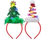 Pack de 2 Diademas Navideñas con Luces LED, Gorro de Papá Noel y Árbol de Navidad para Fiestas de Navidad