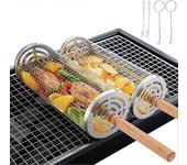 Linkrunning Paquete de 2 canastas de parrilla rodante de acero inoxidable con mango de madera extraíble, accesorios de parrilla portátiles, parrill...
