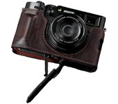 Media carcasa de cuero genuino hecha a mano para Fujifilm X100VI: fácil acceso a la batería y compatible con trípode Marrón oscuro