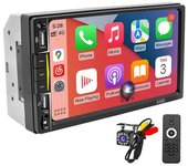 Estéreo de coche doble Din con CarPlay, radio con pantalla táctil de 7 pulgadas Bluetooth y espejo de teléfono con cámara de respaldo Negro