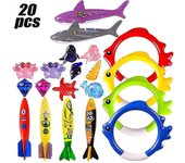 Juguetes de buceo, 20pcs / set Juguetes de piscina submarina para niños, Juguetes de piscina de entrenamiento que incluyen anillos de buceo, torped...