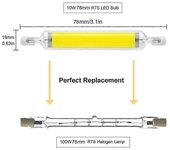 2 Pack 10w 78mm R7s Bombillas Led regulables Cool White 6000-6500K 100w Halógeno J78 Reemplazo, Tubo Base R7s de doble extremo, ángulo de haz 360, ...