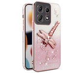 KADEM Para Motorola Edge 50 Pro 5G Funda Dragonfly Kickstand TPU Flores Glitter Funda Teléfono - Rosa Multicolor Pink