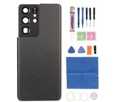 Puerta de vidrio trasero de reemplazo de teléfono con cinta de marco de cámara preinstalada para Galaxy S21 Ultra 5G Negro