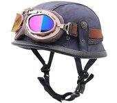 Casco de media cara de cuero vintage de motocicleta, casco retro de cara abierta para hombres adultos y mujeres, con gafas y visera oculta, para sc...