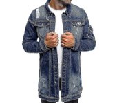 Hombres Chaqueta de mezclilla larga manga larga Ropa exterior angustiada Shacket con bolsillos Azul oscuro M