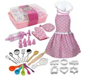 Set de cocina y horneado para niños: el juego de roles del chef para niños incluye delantal para niñas pequeñas, sombrero de chef, utensilios, cort...