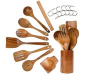 Juego de cucharas de madera para utensilios de cocina -9 piezas Juego de utensilios de cocina antiadherentes de teca - Madera para servir sp Color ...