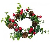 Sweox Anillo de vela para velas de pilar con arándanos rojos, ramitas de arándanos rojos y piñas