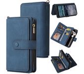 Foxdock Compatible con Nokia G21 / G11 Cuero PU Cierre magnético Quince ranuras para tarjetas Cremallera Poket Estuche para teléfono Azul