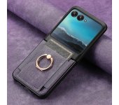 Funda de teléfono retro con textura de cuero para Motorola Razr 50 Ultra / Razr 50 con ranura para tarjetas y anillo Púrpura