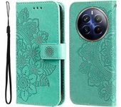 Para Realme 12 Pro 5G / 12 Pro+ 5G Funda Estuche Cartera Plegable de Cuero PU Impreso con Flor - Verde Multicolor Green