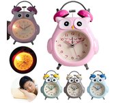 Niños Despertador Búho Campana Fuerte Reloj Despertador Analógico Silencioso Sin Tictac Reloj de Escritorio Con Luz Nocturna Rosa
