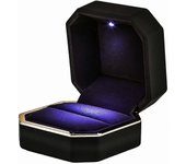 Caja de anillo de lujo, estuche de anillo de boda de terciopelo cuadrado con luz LED Negro