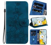 Foxdock Compatible con OPPO Find X5 Lite Estuche de billetera Lily en relieve con tarjetero Funda plegable de cuero PU Azul
