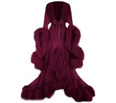 Vestido largo de las mujeres Plumas acampanadas Vestido de mangas acampanadas Perfecto para despedidas de soltera Rojo de vino L