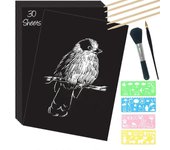 Juego de arte de papel borrador, 30 hojas de 8x11 pulgadas Scratchboard recubierto negro Papel borrador grande con lápices ópticos y plantillas de ...