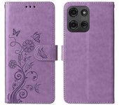 (Nuevo) Funda de teléfono de cuero con flores de mariposa en relieve For Motorola Moto G75 5G