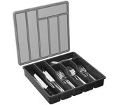 Organizador de cubiertos con tapa, bandeja de utensilios cubierta para cajón y encimera de cocina, cubiertos y cubiertos de plástico negro