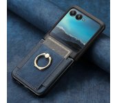 Funda de teléfono retro con textura de cuero para Motorola Razr 50 Ultra / Razr 50 con ranura para tarjetas y anillo Azul