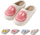 Zapatillas de cara de sonrisa retro, Zapatilla de cara feliz para mujeres, Zapatillas de mujer preppy cómodas de felpa suave, Diapositivas de cojín...