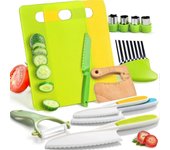 Juego de cuchillos de cocina de madera para niños de 13 piezas: cuchillo seguro para niños pequeños que cocinan de verdad, viene con cuchillo de pl...