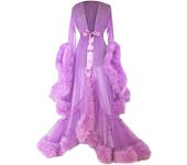 Vestido largo de las mujeres Plumas acampanadas Vestido de mangas acampanadas Perfecto para despedidas de soltera Lavanda M