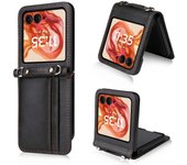 Para Motorola Razr 50 5G / Razr 2024 5G Funda para tarjetas Ranuras de cuero para teléfono con cordón Negro