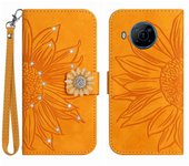 Foxdock Compatible con Nokia X20 Girasol en relieve con diamantes Estuche de teléfono con billetera con correa corta Amarillo