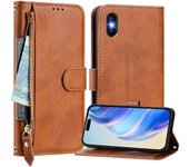 Gangxun Funda para iPhone X/XS Cremallera de protección Cierre magnético Funda de cartera de cuero compatible con funda para iPhone X/XS Marrón