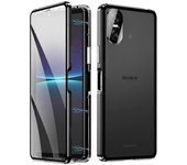 Para Sony Xperia 10 VI Caja de vidrio templado Marco de metal Tapa magnética de PC transparente - Negro - JA