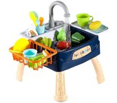Juguetes de fregadero de juguete de cocina con comida cortada, lavavajillas eléctrico juguete de juego con agua corriente, juego de rol de comida s...