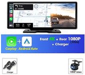 10.26 "Dash Cam Cámara de visión trasera Carplay y Android Auto 4K DVR Grabadora de video Tablero de navegación GPS Lente dual 24H Park FM AUX 64G